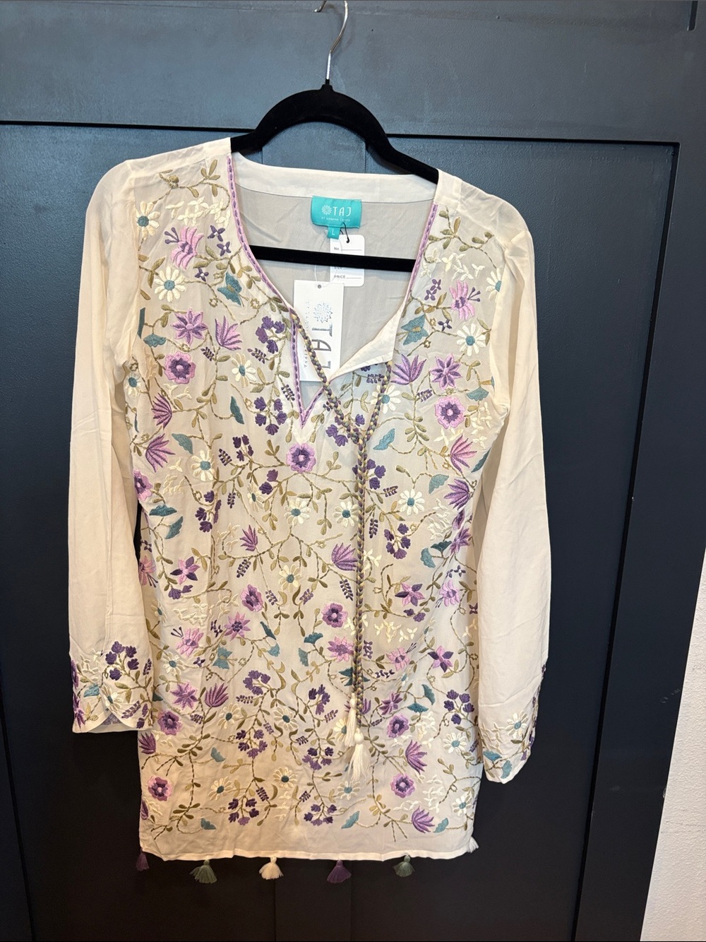 717. TAJ by Sabrina Crippa Cream Long-Sleeve Tunic with Purple Floral Embroidery